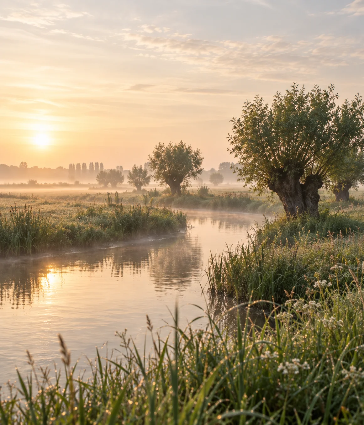 KI-generiertes Landschaftsmotiv: Kopfweiden an einem ruhigen Flusslauf, im goldenen Morgenlicht und leichten Nebel, inspiriert von der Niersregion.